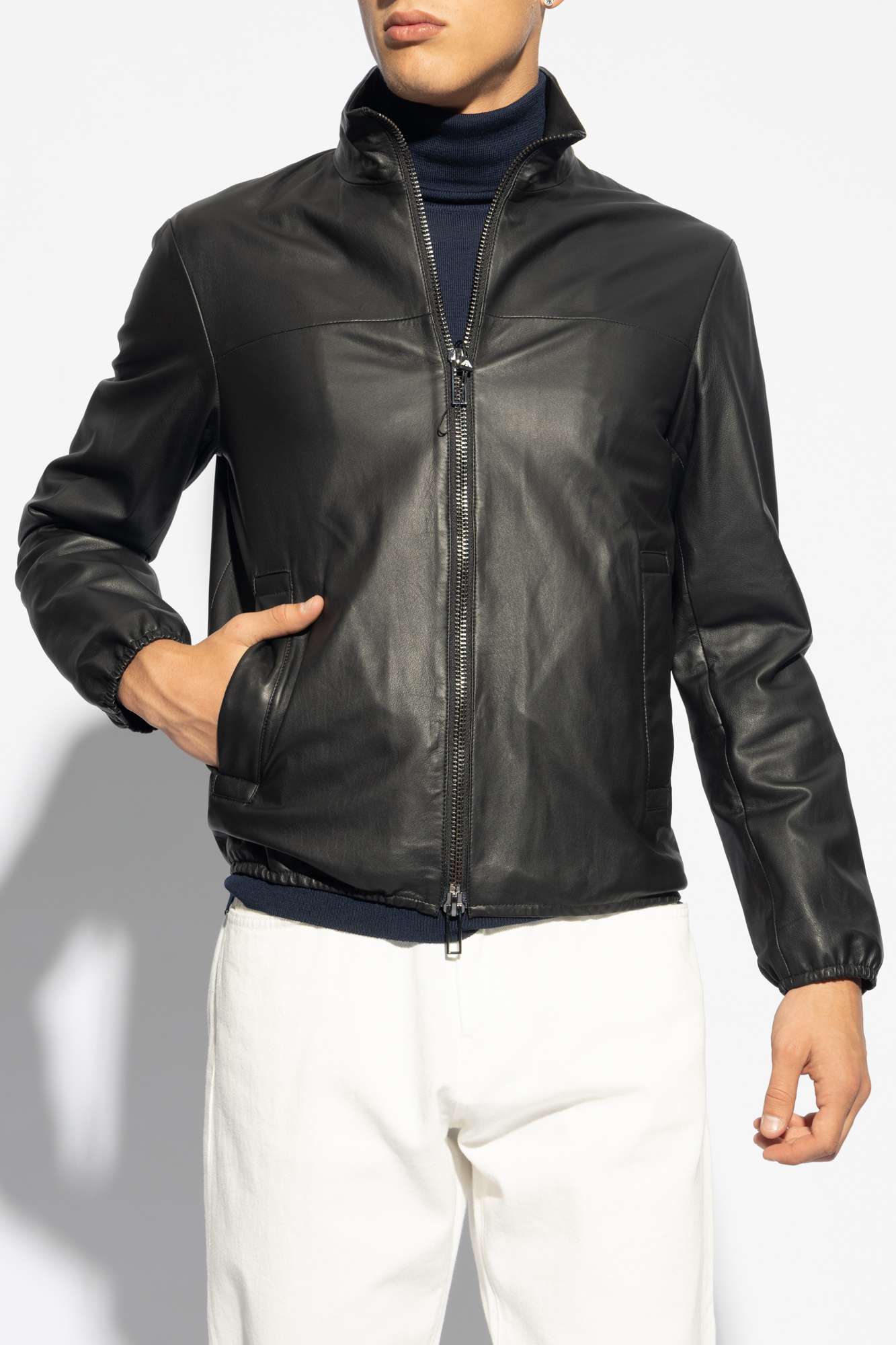 Emporio Armani Leather jacket with stand up collar Men s